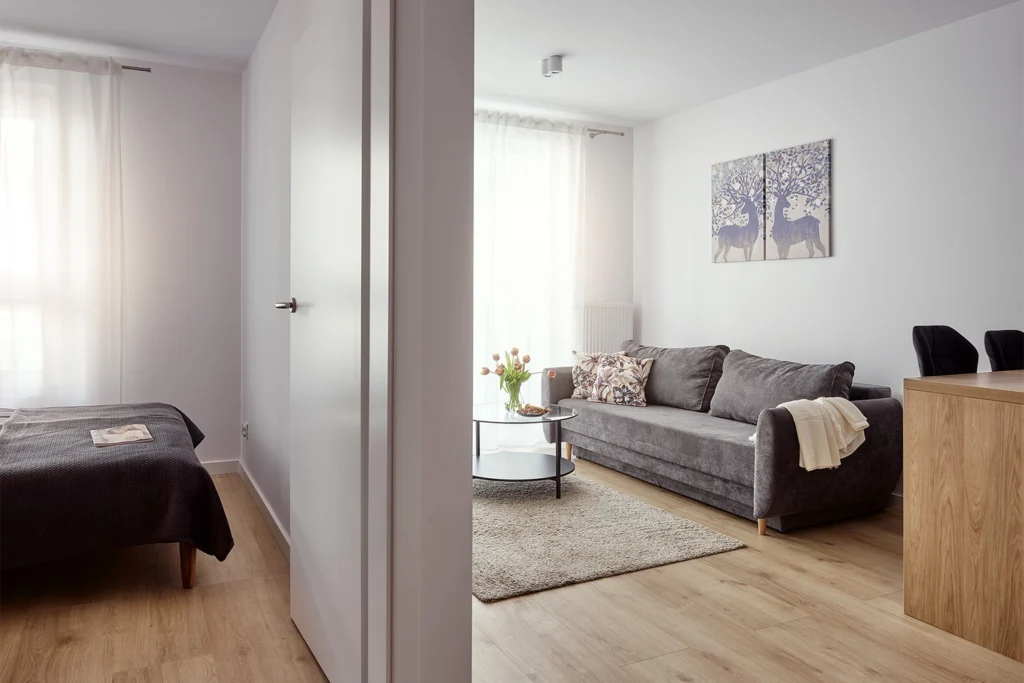 Widok z korytarza na salon z kanapą